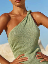 2026 Sexy Knit One Shoulder Halter Neck Beach Mini Women's Holiday Party Dresses Outfit Chic Beachwear Swimsuit Cover Up K265