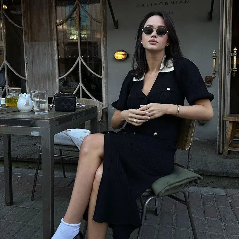 Contrast Single Breasted Knitted Dress For Women Elegant Lapel Short Sleeve Hollow Out Chic Dresses Female Red Black Vestidos