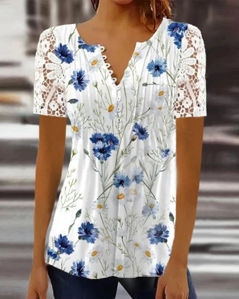 Summer Spring New Women's Loose and Comfortable Casual Lace V Neck Printed Blouse Floral Short Sleeve Elegant Fashion Shirt