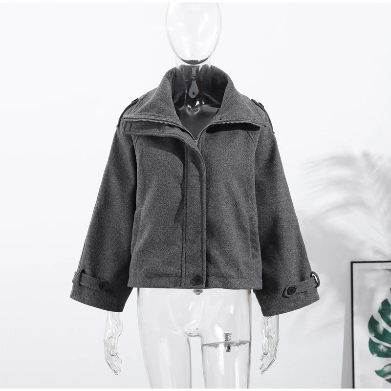 Fashion Short Woolen Coat For Women Stand Collar Full Sleeve Loose Zipper Jacket Female 2025 Spring Autumn Solid Lady Outwear