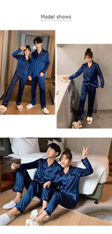 Solid Color Sleepwear Silk Satin Pajamas Couple Set Long Button-Down Pyjamas Suit Pijama Women Men Loungewear Plus Size Pj Set