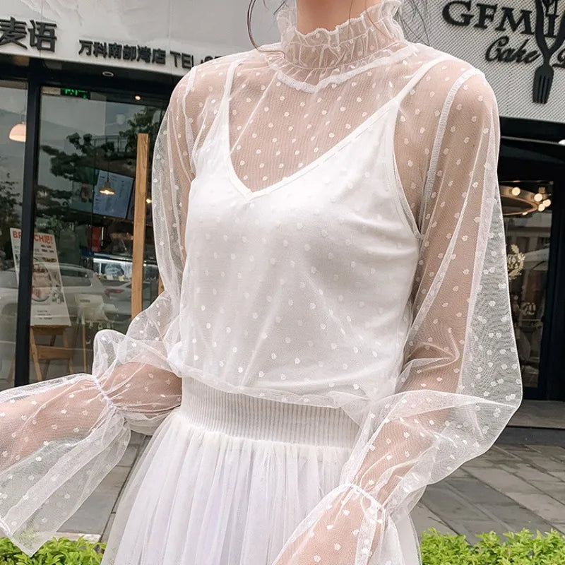 Women Elegant High Neck Polka Dot Blouse Mesh Lace Stitching Puff Long Sleeve Shirt Slim Fit Office Ladies Fashion Daily Tops