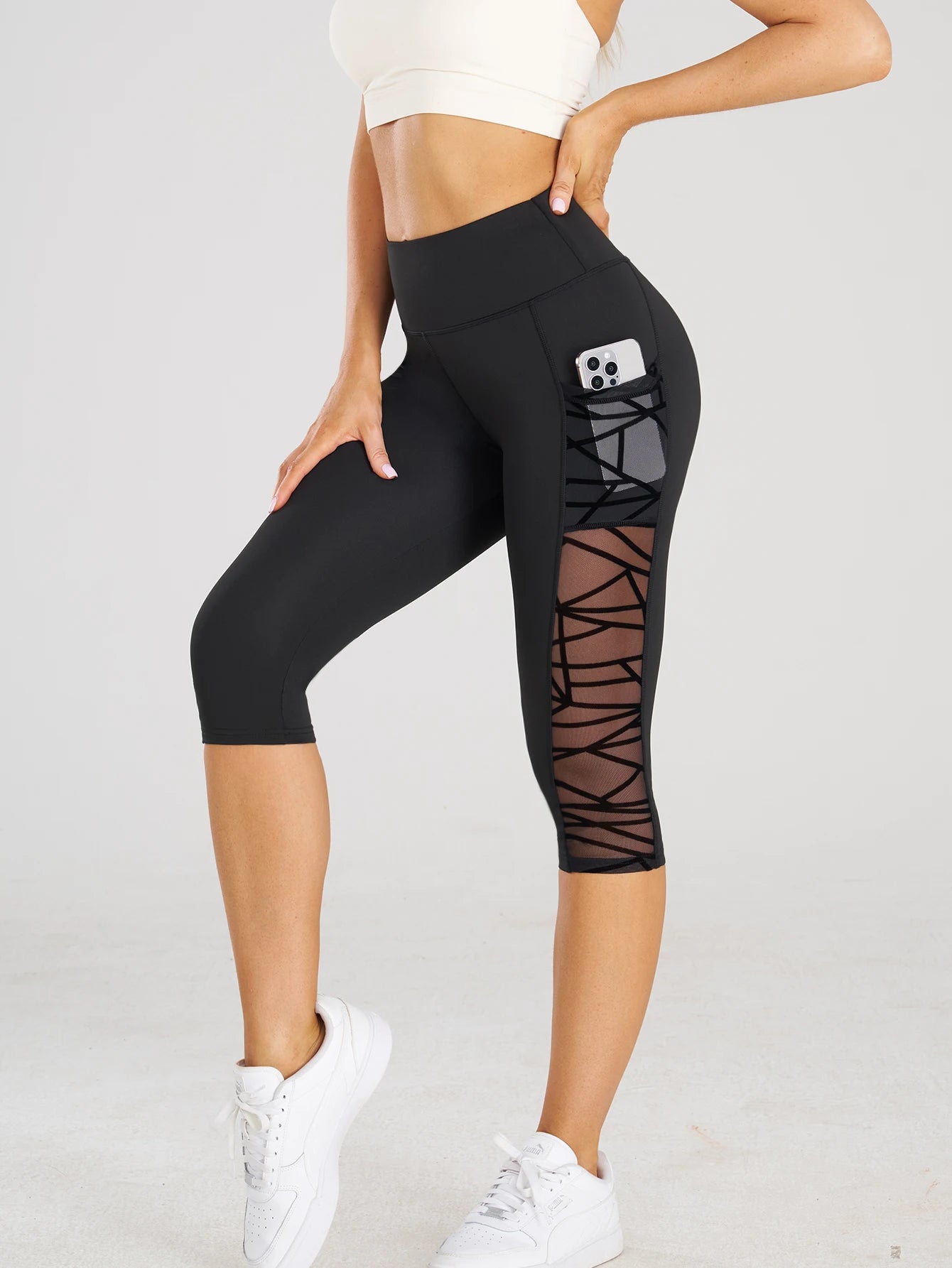 High Waist Yoga Crop Pants Leggings With Pockets Sports Fitness Casual Tight Yoga Pants Side Cross Mesh Stitch Capri Leggings