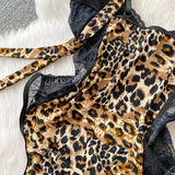 Women Hotsweet V-neck leopard slim  Vintage Straps Bodysuits Chic lace Jumpsuits Slim Top Clothing