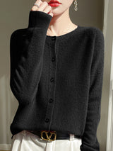 Women 100% Merino Wool Cardigan Soft O-Neck Cashmere Sweater OL Buttoned Knitwear Casual Top Clothing Korean Style