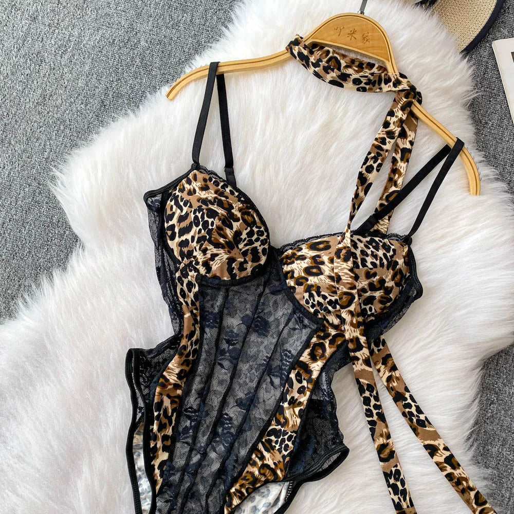 Women Hotsweet V-neck leopard slim  Vintage Straps Bodysuits Chic lace Jumpsuits Slim Top Clothing