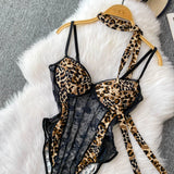 Women Hotsweet V-neck leopard slim  Vintage Straps Bodysuits Chic lace Jumpsuits Slim Top Clothing