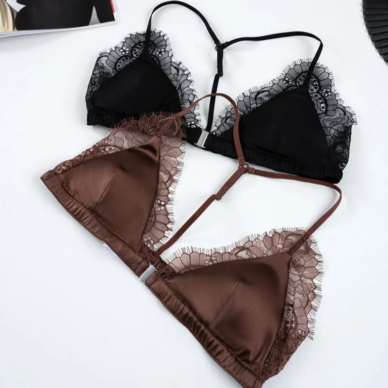 Birdtree 93% Silk 7% Spandex Women Lace Bra,Wireless Pitted Triangle Cup Front Closure Bralette,2026 New Underwear A61403JF