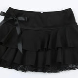 Goth Y2K Black Lace Trim Bow A Line Mini Skirt Women Korean Streetwear