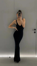 Trendix Knit Backless Dress For Women V Neck Slim Sleeveless Suspender Maxi Dress Vacation Sexy Beach Knitted Elegant Long Dress