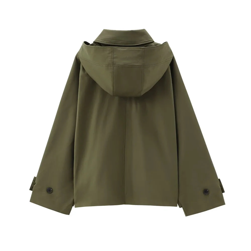 Autumn new European and American style hooded long sleeved lapel jacket single breasted trench coat short jacket
