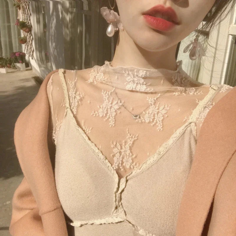 Women Elegant High Neck Polka Dot Blouse Mesh Lace Stitching Puff Long Sleeve Shirt Slim Fit Office Ladies Fashion Daily Tops