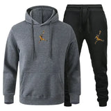 A 2-piece men's outdoor fitness sportswear set featuring a hooded long-sleeved sweatshirt, pullover and casual pants for autumn