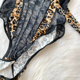Women Hotsweet V-neck leopard slim  Vintage Straps Bodysuits Chic lace Jumpsuits Slim Top Clothing