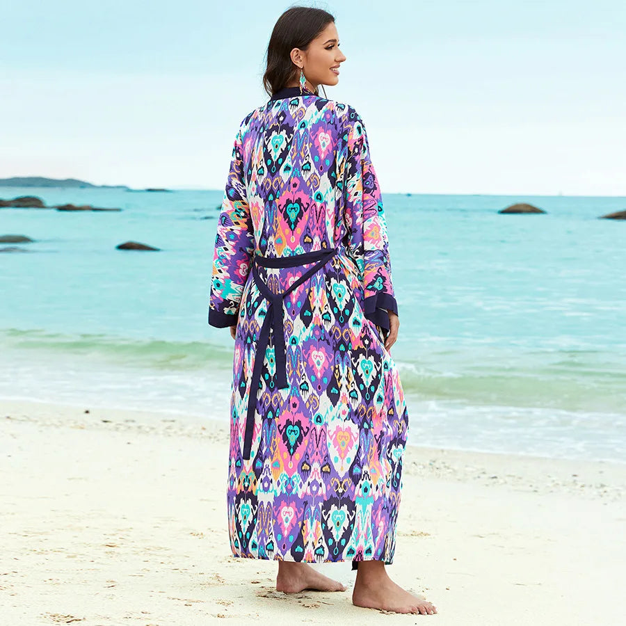 2026 Women Swimsuit Beach Cover Up Dress Sleeve Kaftan Beach Tunic Long Pareos Bikinis Cover Ups Summer Robe Plage Beachwear