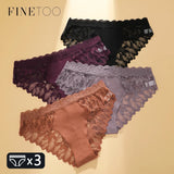 FINETOO 3Pcs Lace Hollow Out Underwear for Women Sexy Low-Waist Floral Briefs Female Invisible Breathable Lingerie Soft Intimate