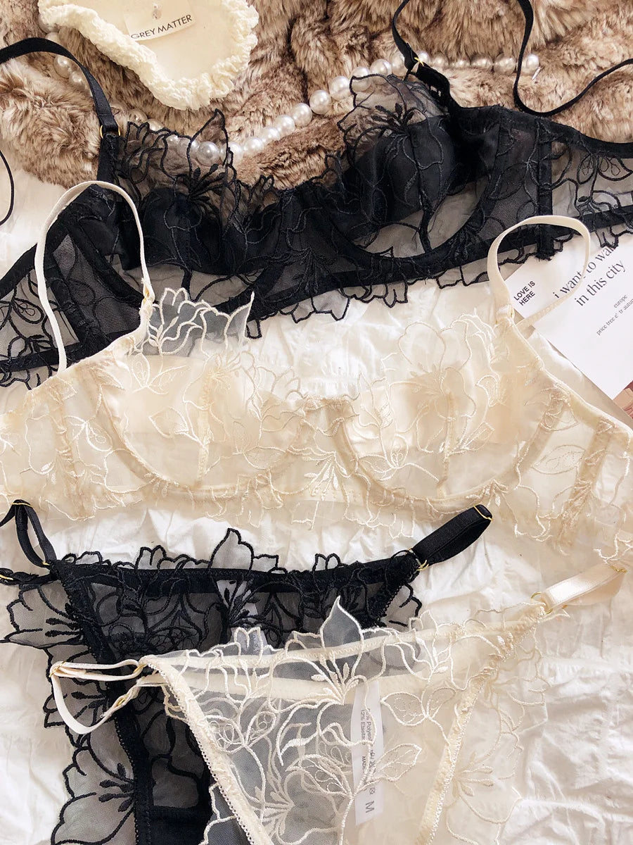 French Underwear Set Sexy Lace Flowers Embroidery Bra Set Women Intimates Summer Ultra Thin Breathable Bralette Lingerie Panties