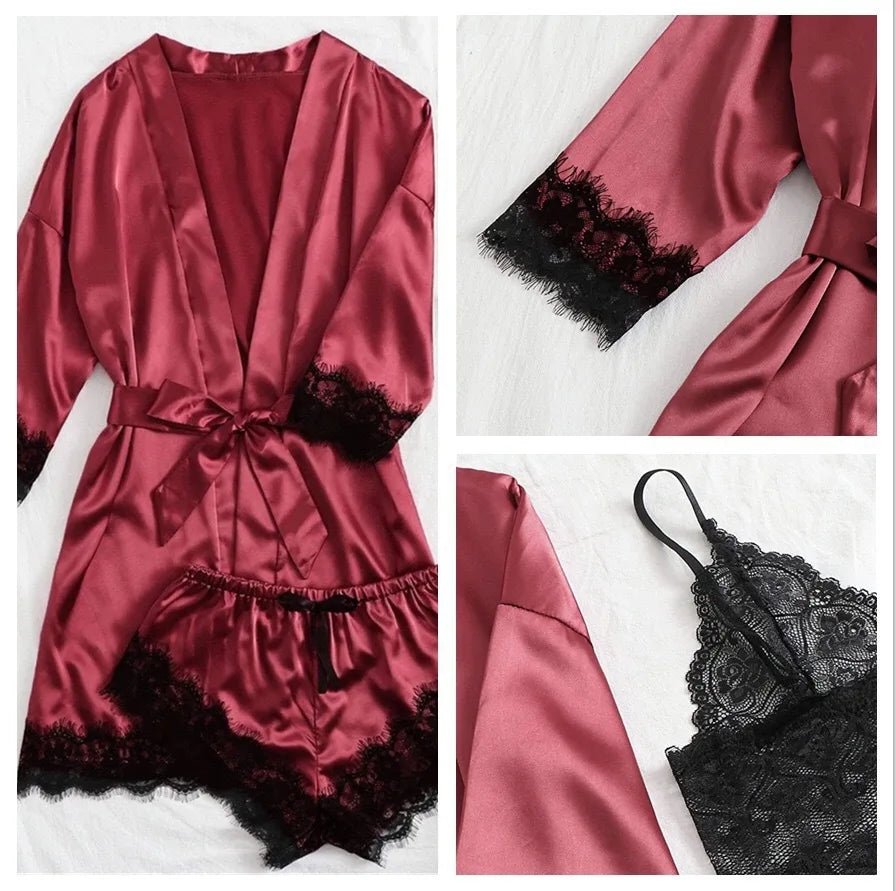 2025New Women's Pajama Fashion 4-piece Set Lace Satin Strap Sexy Pajama Set Dress Skin friendly Comfortable Casual Pajama Skirt