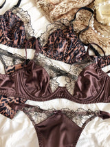 French Ultra Thin Women Lingerie Set Sexy Satin Lace Splicing Comfort Bras Leopard Print Temptation Bra and Thong Sets Underwear