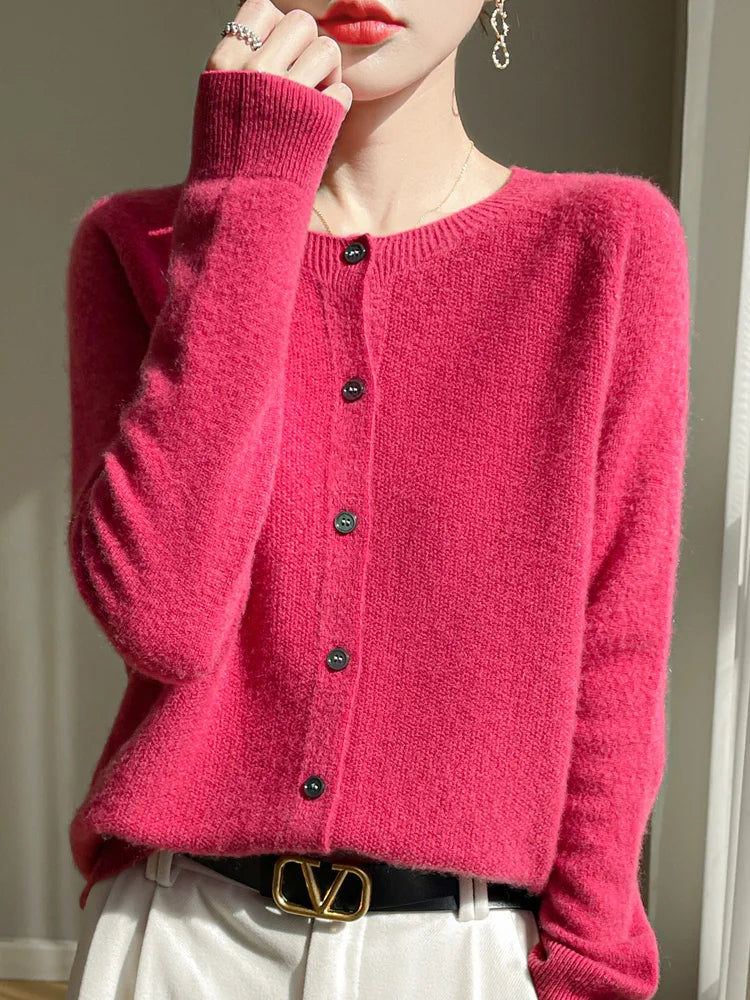 Women 100% Merino Wool Cardigan Soft O-Neck Cashmere Sweater OL Buttoned Knitwear Casual Top Clothing Korean Style
