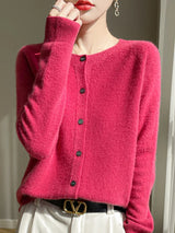 Women 100% Merino Wool Cardigan Soft O-Neck Cashmere Sweater OL Buttoned Knitwear Casual Top Clothing Korean Style