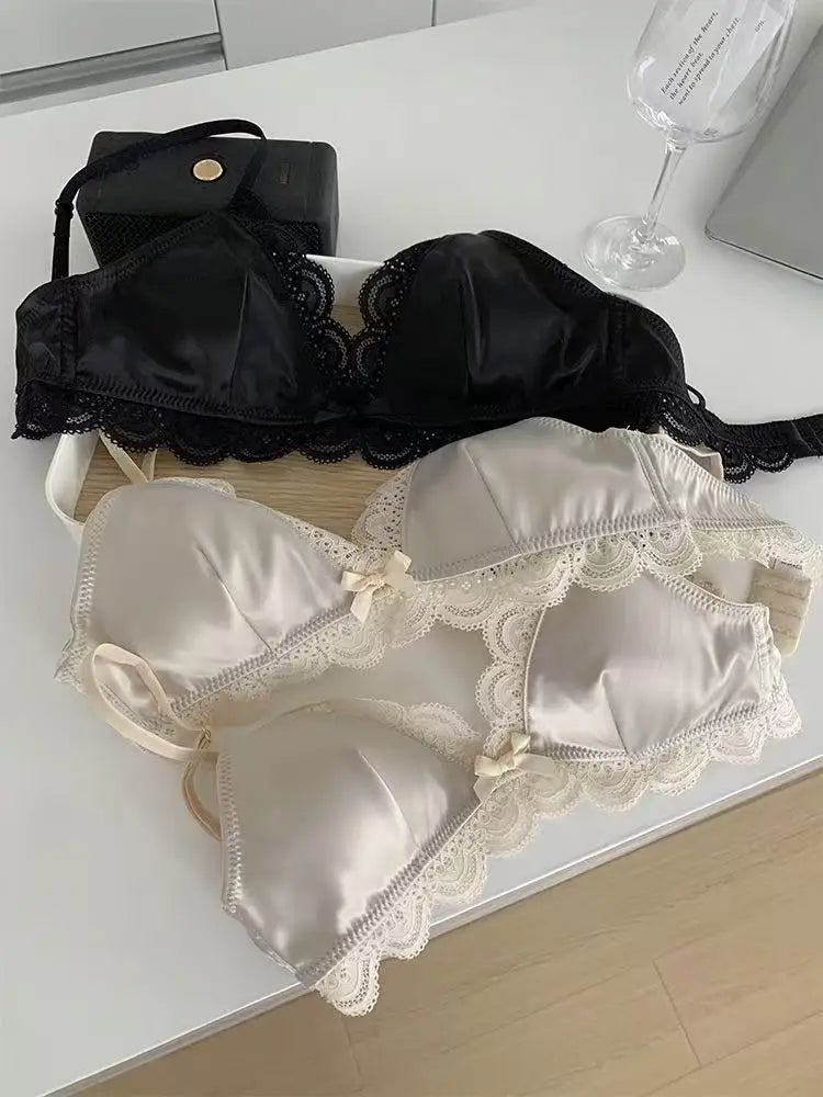 Korean Style Triangle Cup Bow Lace Bra for Women Small Chest Satin Underwear Sweet Breathable Comfortable Soft Bra