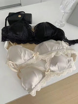 Korean Style Triangle Cup Bow Lace Bra for Women Small Chest Satin Underwear Sweet Breathable Comfortable Soft Bra