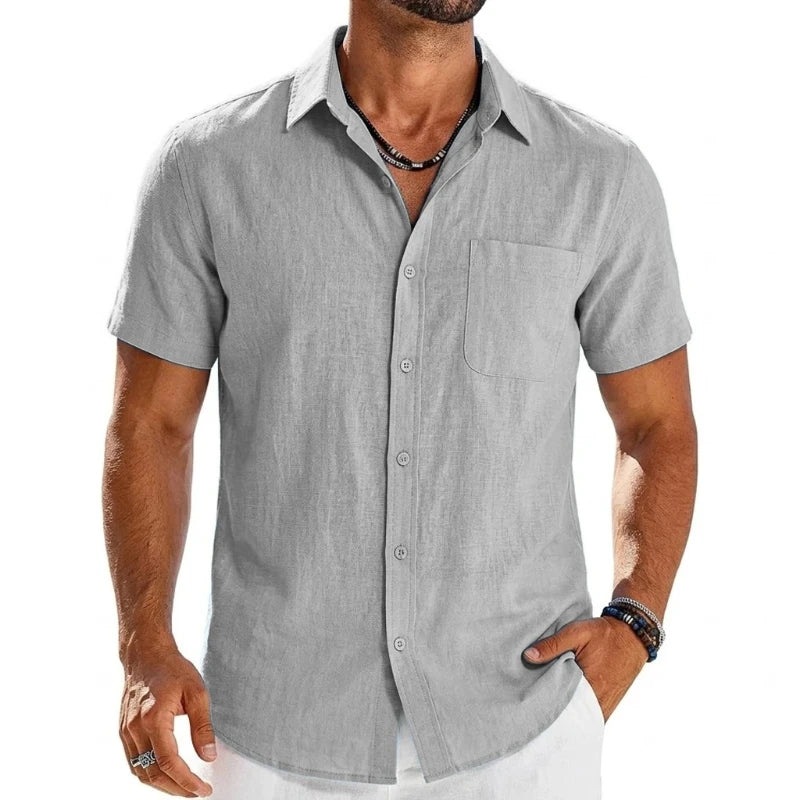 Mens Summer Solid Color Short Sleeve Tees and Premium Breathable Elegant Casual Shirts Hawaiian Inspired Cotton Linen Tops