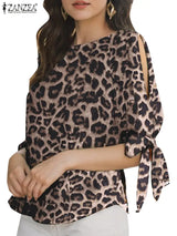 ZANZEA Summer Leopard Printed Blouse Women Elegant Half Sleeve Work Shirt Fashion Lace Up Holiday Tops Bohemian Stylish Blusas