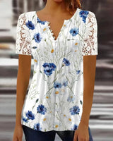Summer Spring New Women's Loose and Comfortable Casual Lace V Neck Printed Blouse Floral Short Sleeve Elegant Fashion Shirt