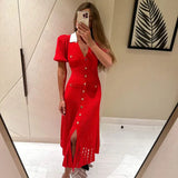 Contrast Single Breasted Knitted Dress For Women Elegant Lapel Short Sleeve Hollow Out Chic Dresses Female Red Black Vestidos