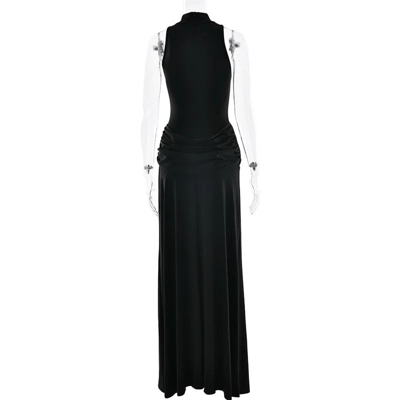 Blifanbo Turtleneck Off-shoulder Sleeveless Thigh Split High Waist Pleated Maxi Dress For Women Elegant Fashion Club Party Dress