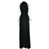 Blifanbo Turtleneck Off-shoulder Sleeveless Thigh Split High Waist Pleated Maxi Dress For Women Elegant Fashion Club Party Dress