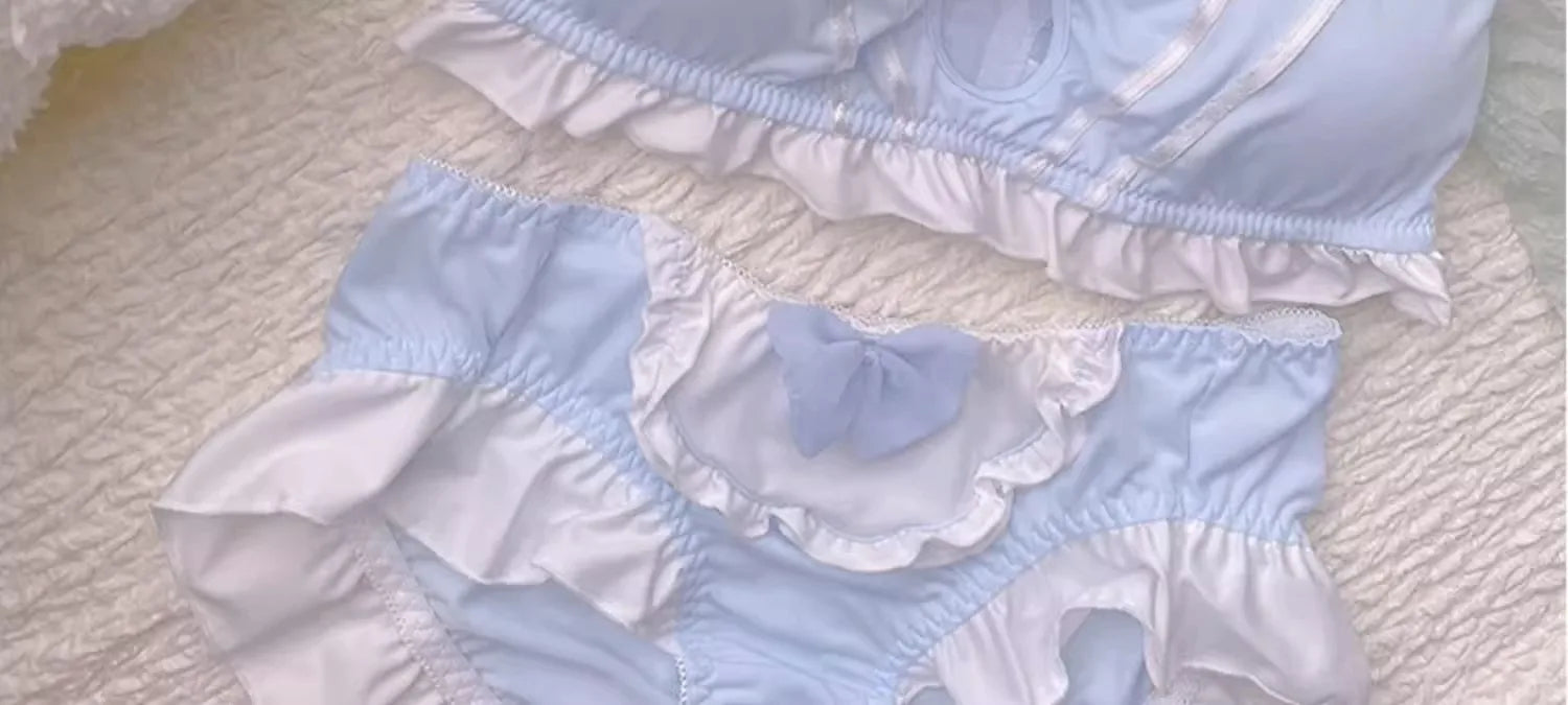 MOYISU Kawaii Lolita Bra Set, Bunny Ear Cutout No Wire Bralette Soft Sweetheart Lingerie Small Bust Pure Sexy Japanese Ya Ma Die