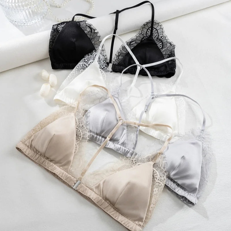 Birdtree 93% Silk 7% Spandex Women Lace Bra,Wireless Pitted Triangle Cup Front Closure Bralette,2026 New Underwear A61403JF