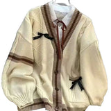 Casual Sweet Bow Cardigan Woman Autumn Winter Japanese Classic Preppy Style Knitted Coats Y2K Vintage Contrast Color V-Neck Tops