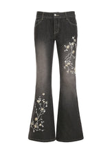 Weekeep Floral Embroidery Jeans Vintage 2000s Low Rise Flared Jeans Women Retro y2k Baggy Denim Pants High Street Basic Trousers