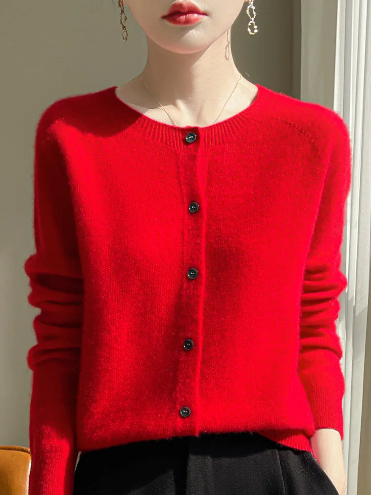 Women 100% Merino Wool Cardigan Soft O-Neck Cashmere Sweater OL Buttoned Knitwear Casual Top Clothing Korean Style