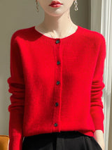 Women 100% Merino Wool Cardigan Soft O-Neck Cashmere Sweater OL Buttoned Knitwear Casual Top Clothing Korean Style