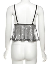 Weird Puss Sequins Patchwork Mesh Camisole Women v-Neck Sexy Backless Summer Trend Street Midnight Versatile Hottie Classic Tops
