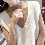Sexy Women Mesh T-Shirts Transparent Lace Blouse Long Sleeve See Through Tops For Women Bottoming Shirt Sheer Tees Body Crop Top