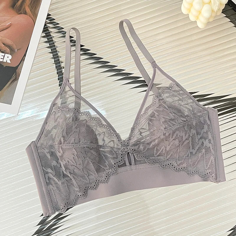 Sexy Lace Crop Top Deep V Backless Camisole Hollow Mesh Bra Female Solid Color Seamless Underwear Removable Chest Pad Tank Top