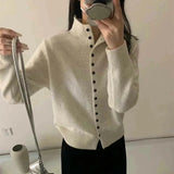 New Soft Comfortable Stand-Up Collar Sweater Cardigan Women Simple Single Breasted Cardigans Coat Autumn Solid Knitted Outerwear
