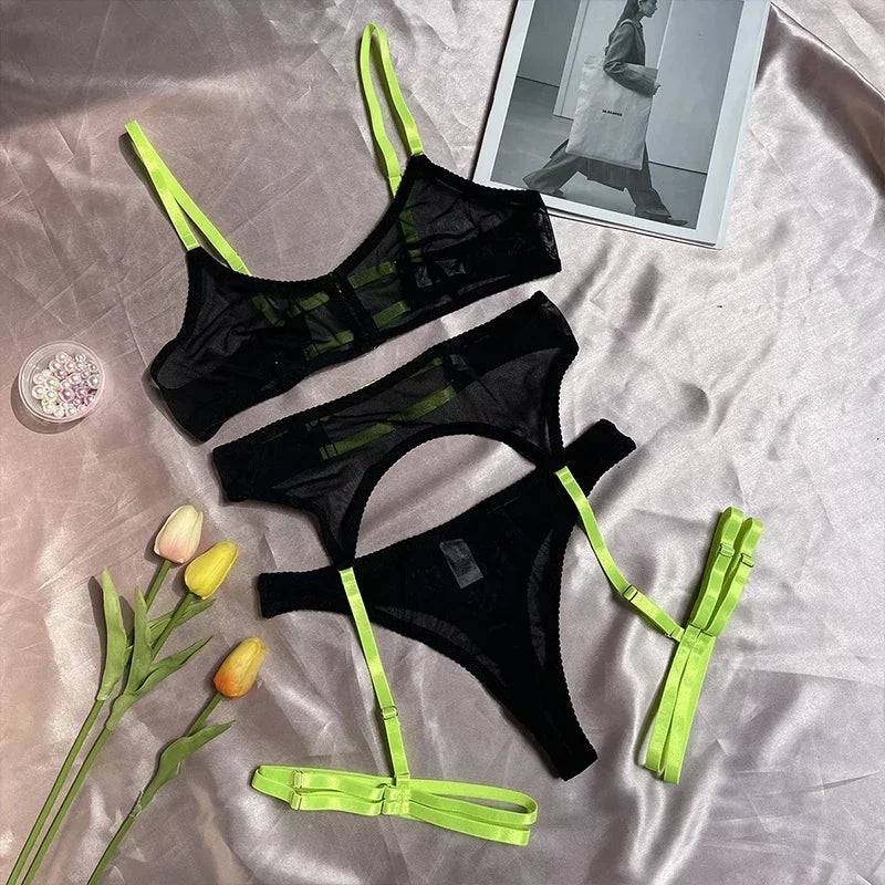 Sexy Women's Underwear Set Transparent Three Piece Bra And Underwear Set Garter Belt Exotic Mesh Mesh Underwear Sleepwear Set ok