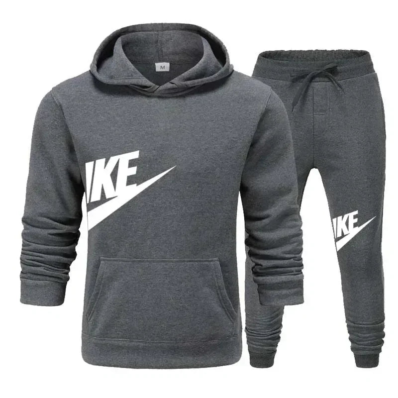 New men's casual fitness and running sportswear for autumn and winter, fashionable printed loose hooded pullover + long pants se