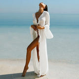 V Neck Summer Beach Cover Up Long Sleeve Ruffled Bikini Sunscreen Smock Vacation Casual Swimsuit Cover Up Dress for Women
