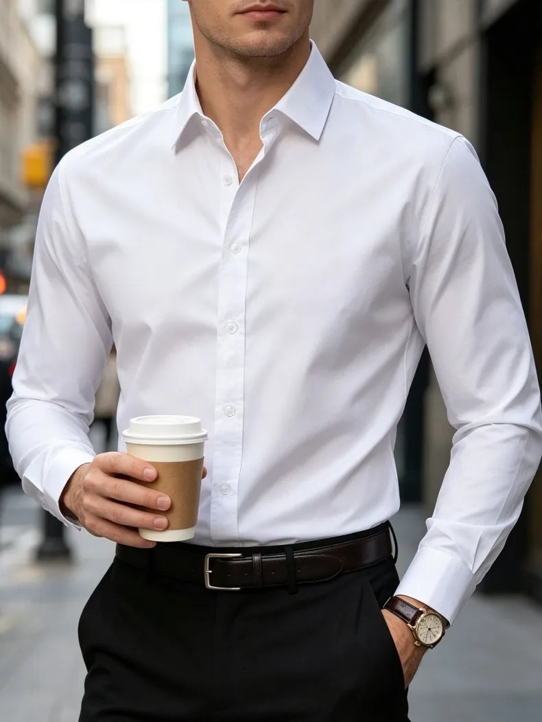 New Men Shirt Elegant Fashion European Long Sleeve Classic Smart Casual Elastic Anti-pilling Male Business Dress Shirts