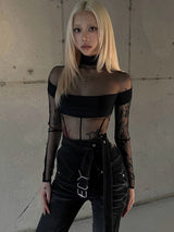 Weird Puss Coquette See Through Bodysuit Women Sexy Wild Mesh Hipster Patchwork Full Sleeve Midnight Stretch Street Clubwear