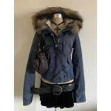Subculture Gothic Women Coats with Hoodies Vintage Korean Harajuku Black Jackets Faux Fur Coat Female Loose Casual Sweatshirt