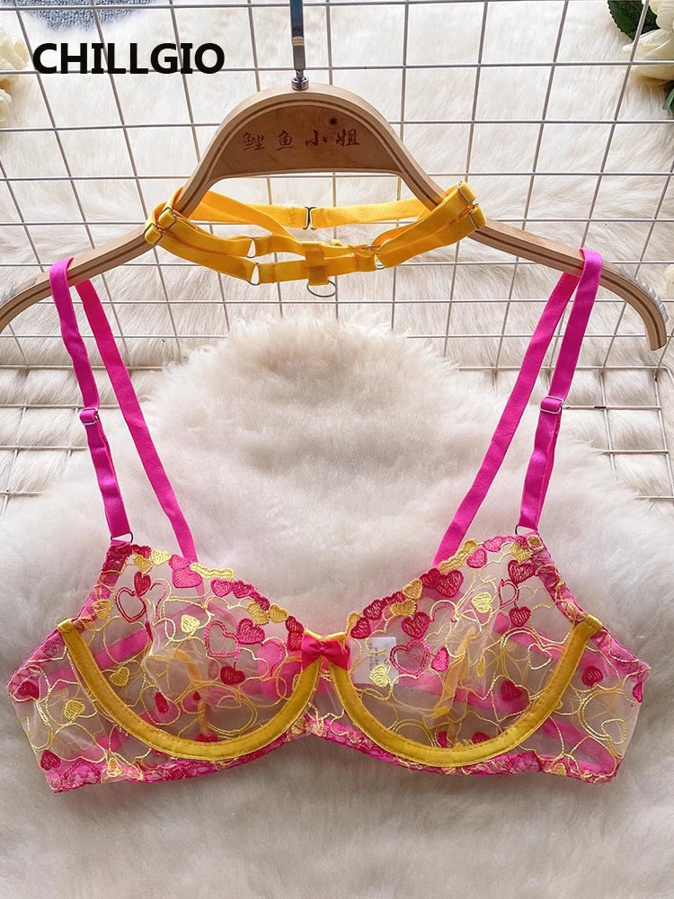CHILLGIO Women Heart Print Lace Bra Brief Suit Fashion Transparent Push Up Underwear Outfit 3 Pieces Sexy Intimate Lingerie Sets